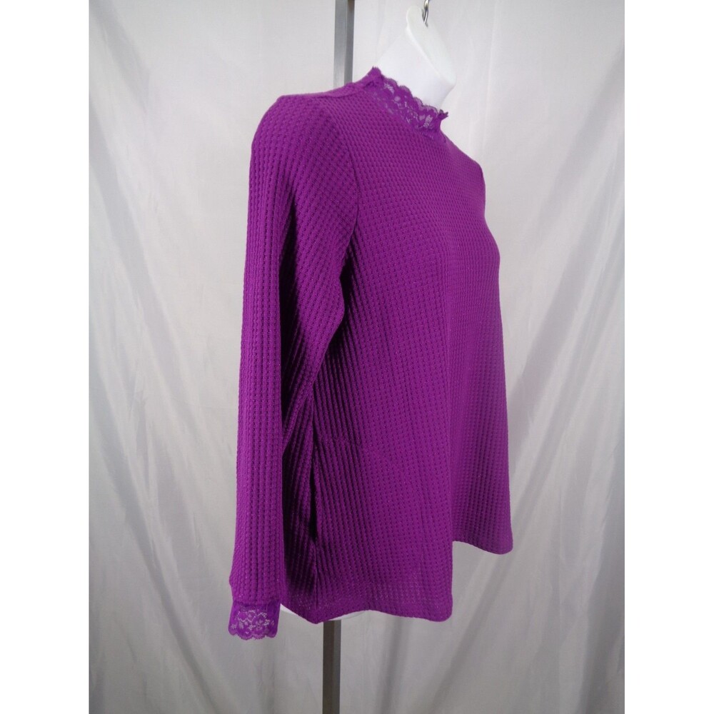 LOGO Lori Goldstein Purple Metallic Waffle Knit Mock Neck Top Lace Sz Large New - Picture 5 of 15